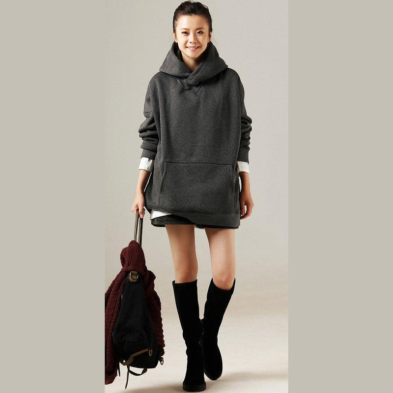 Simple Cotton Blouse Stylish Big Pockets Outfits Gray Silhouette Top Hooded