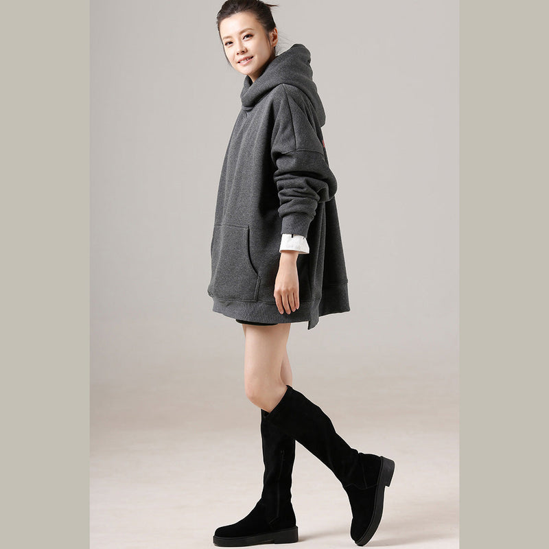 Simple Cotton Blouse Stylish Big Pockets Outfits Gray Silhouette Top Hooded