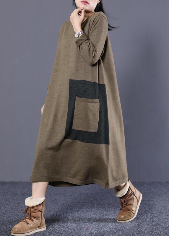 Simple Cotton Clothes Organic Loose Round Neck Long Knit Sweater Chocolate and Black Dress