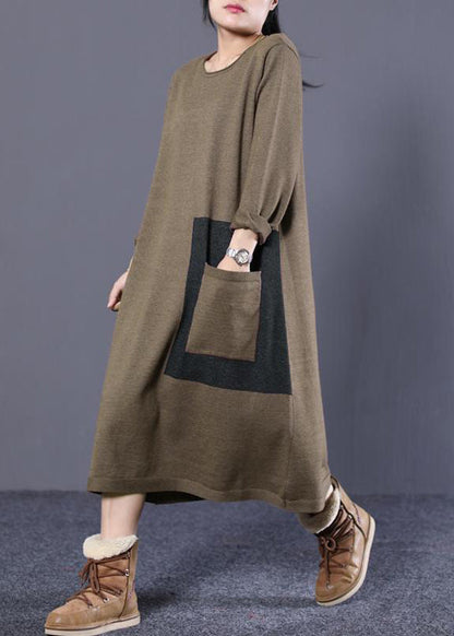Simple Cotton Clothes Organic Loose Round Neck Long Knit Sweater Chocolate and Black Dress