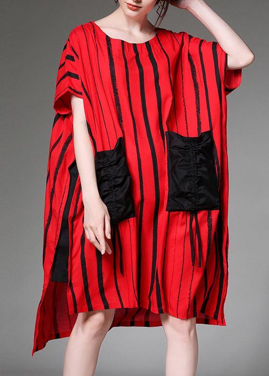 Simple Cotton Linen Clothes for Red Striped Print Summer Dress