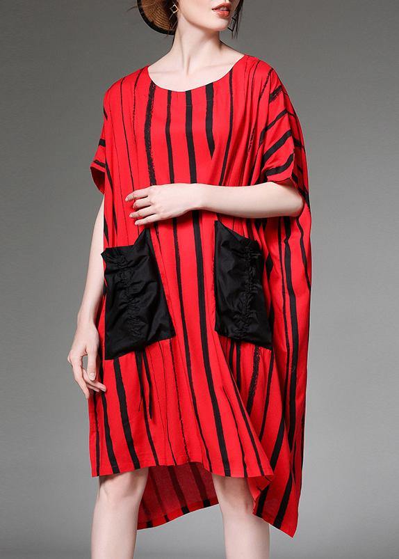 Simple Cotton Linen Clothes for Red Striped Print Summer Dress