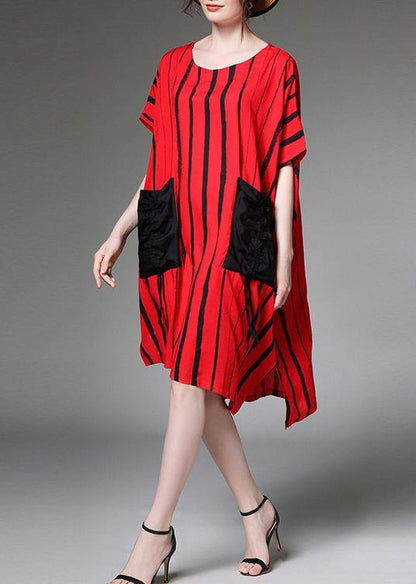 Simple Cotton Linen Clothes for Red Striped Print Summer Dress