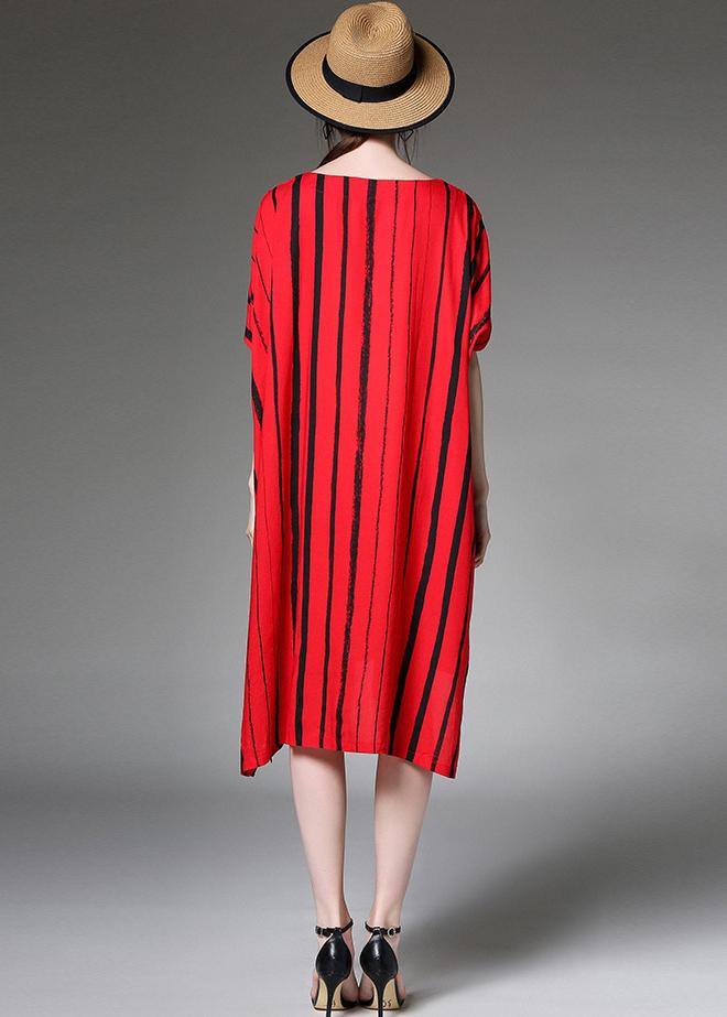 Simple Cotton Linen Clothes for Red Striped Print Summer Dress