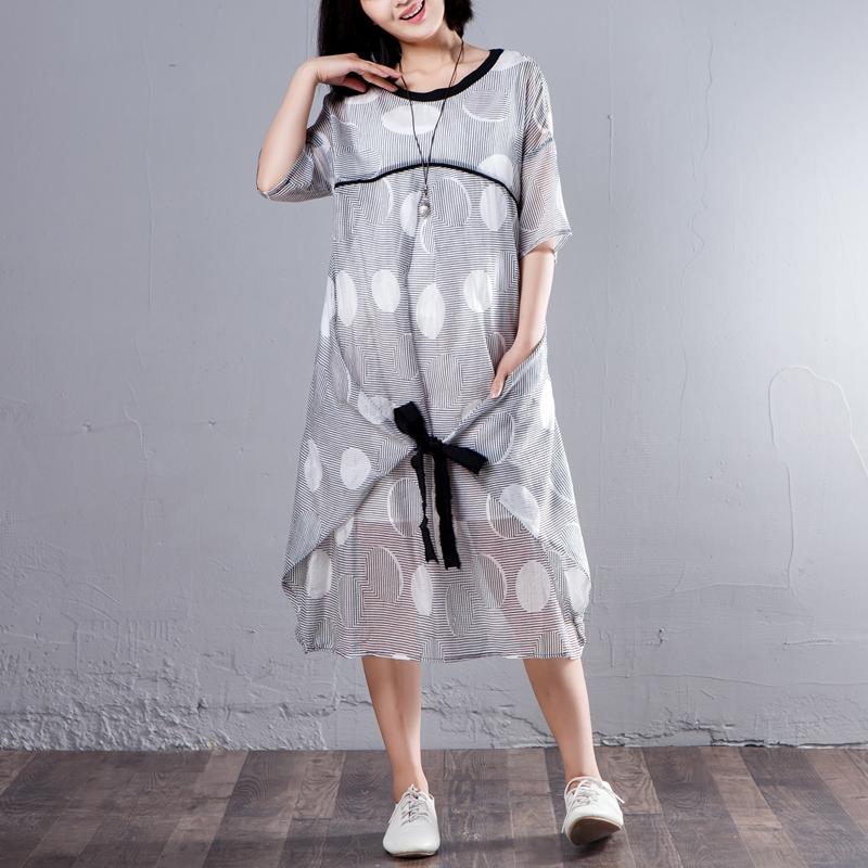 Simple Cotton Linen Tunic Dress Fine Loose Half Sleeve Stripe Round Neck Dress