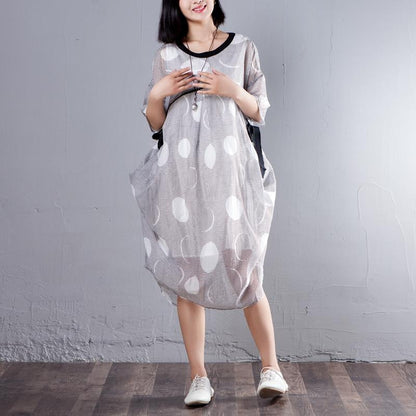 Simple Cotton Linen Tunic Dress Fine Loose Half Sleeve Stripe Round Neck Dress