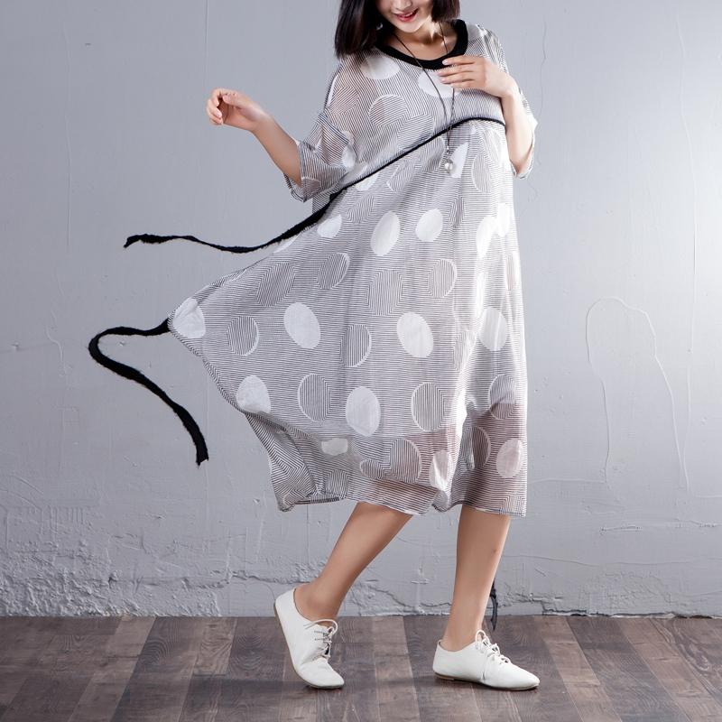 Simple Cotton Linen Tunic Dress Fine Loose Half Sleeve Stripe Round Neck Dress