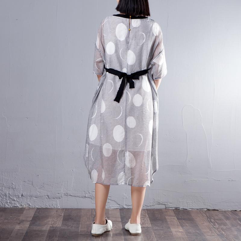 Simple Cotton Linen Tunic Dress Fine Loose Half Sleeve Stripe Round Neck Dress