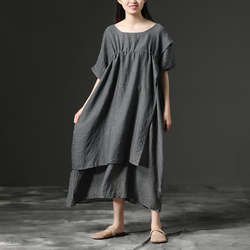 Simple Cotton Tunic Dressfashion Short Sleeve Gray Loose Cotton Dress