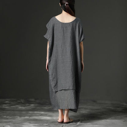 Simple Cotton Tunic Dressfashion Short Sleeve Gray Loose Cotton Dress