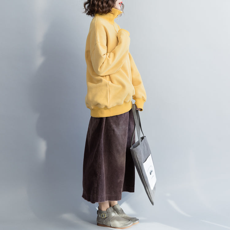 Simple Cotton Tunic Top Tops Quality High Neck Sewing Yellow Loose Top