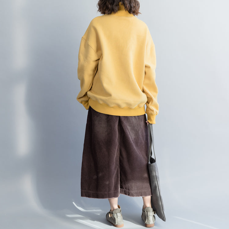 Simple Cotton Tunic Top Tops Quality High Neck Sewing Yellow Loose Top