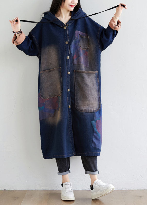 Simple Dark Blue Drawstring Hooded Pockets Print Denim Trench Coats Spring