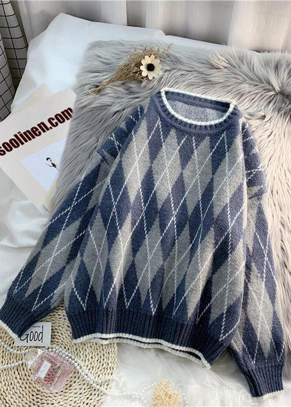 Simple Dark Blue Diamond Printing Linen Tunics for O Neck Midi Blouse