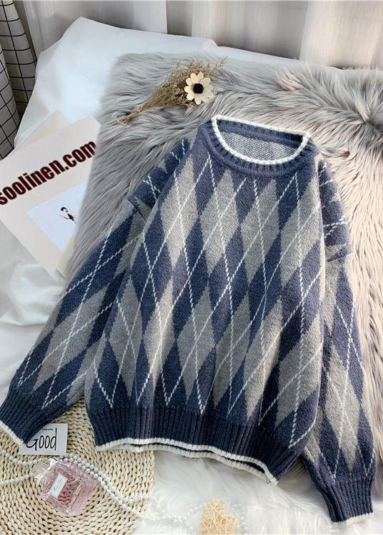 Simple Dark Blue Diamond Printing Linen Tunics for O Neck Midi Blouse