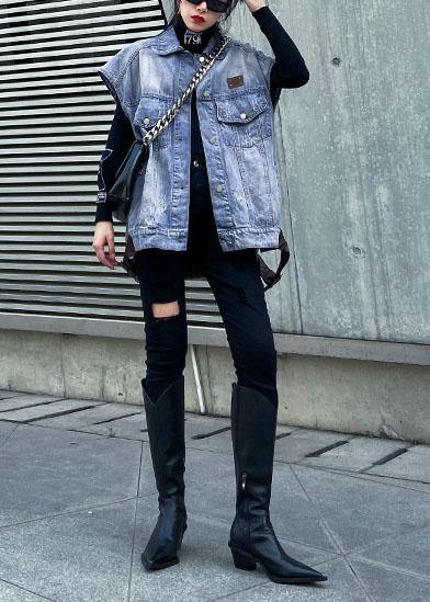 Simple Denim Blue Cotton Blouses for Lapel Sleeveless Midi Spring Tops