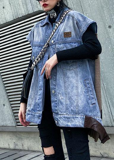 Simple Denim Blue Cotton Blouses for Lapel Sleeveless Midi Spring Tops
