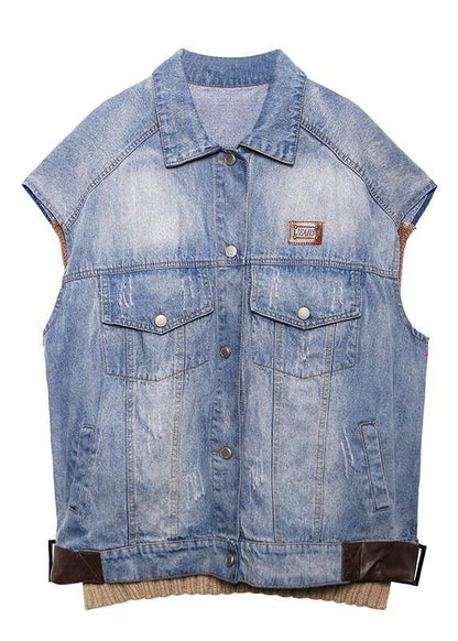 Simple Denim Blue Cotton Blouses for Lapel Sleeveless Midi Spring Tops