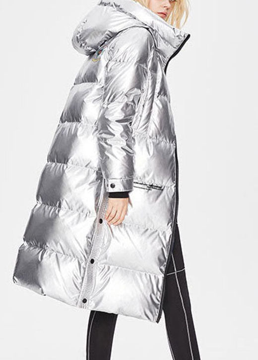 Simple Denim Blue Zippered Lengthen Warm Winter Duck Down Coat