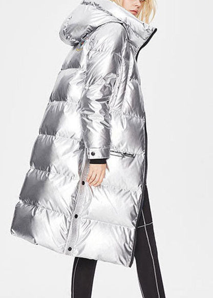 Simple Denim Blue Zippered Lengthen Warm Winter Duck Down Coat