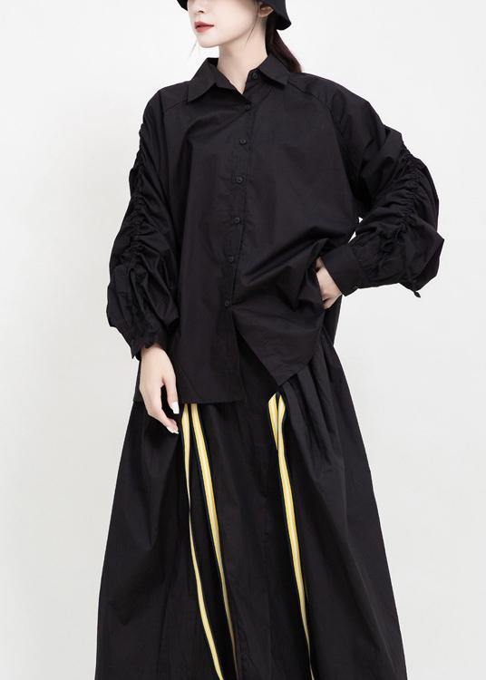 Simple Drawstring Cotton Fall Tops Design Black Blouses