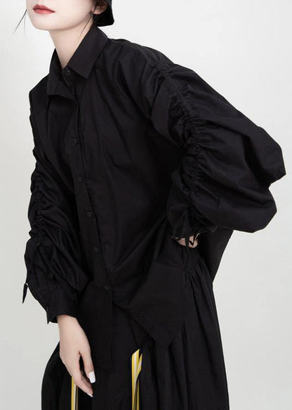 Simple drawstring cotton fall tops women design black blouses