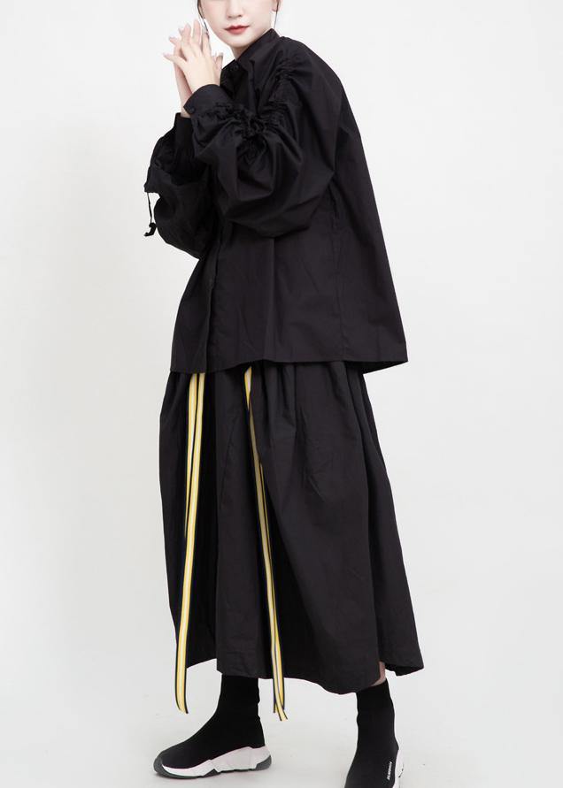 Simple Drawstring Cotton Fall Tops Design Black Blouses
