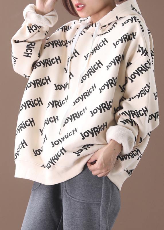 Simple Drawstring Cotton Hooded Top Silhouette Outfits Beige Alphabet Prints Tops