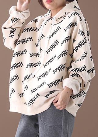 Simple drawstring cotton hooded top silhouette Outfits beige alphabet prints tops