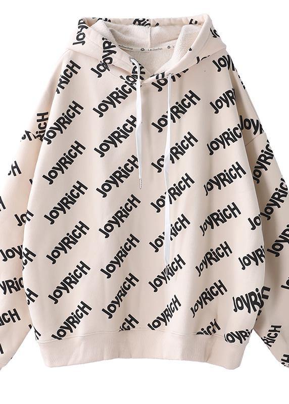 Simple Drawstring Cotton Hooded Top Silhouette Outfits Beige Alphabet Prints Tops