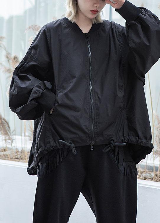 Simple Drawstring Hem Fine Long Coats Black Oversized Outwear Fall