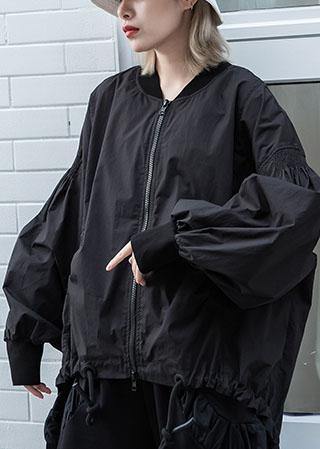 Simple Drawstring Hem Fine Long Coats Black Oversized Outwear Fall