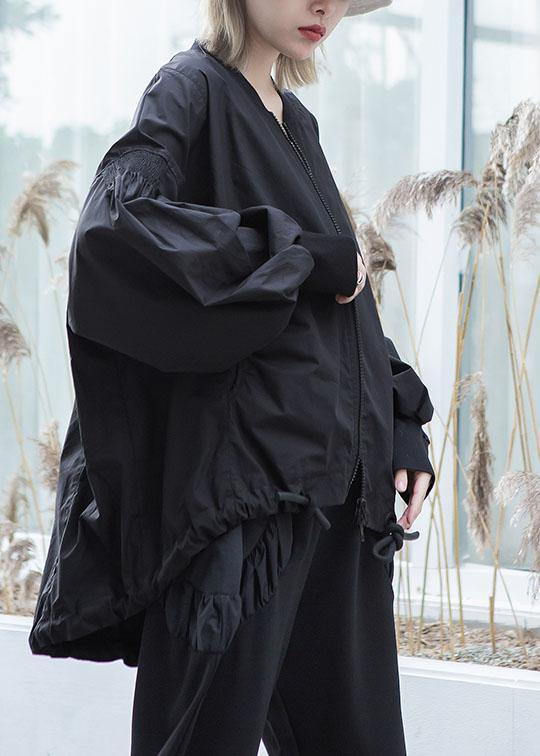 Simple Drawstring Hem Fine Long Coats Black Oversized Outwear Fall