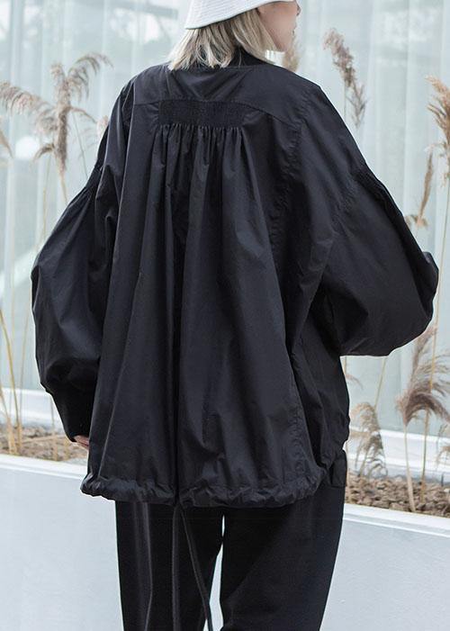 Simple Drawstring Hem Fine Long Coats Black Oversized Outwear Fall