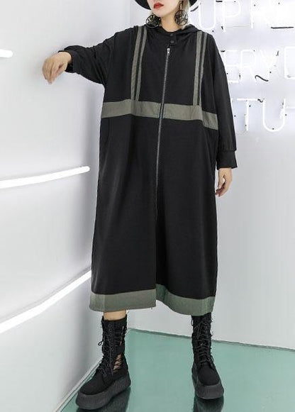Simple Gray Green Hooded Cotton Tunics Zippered Fall Dresses