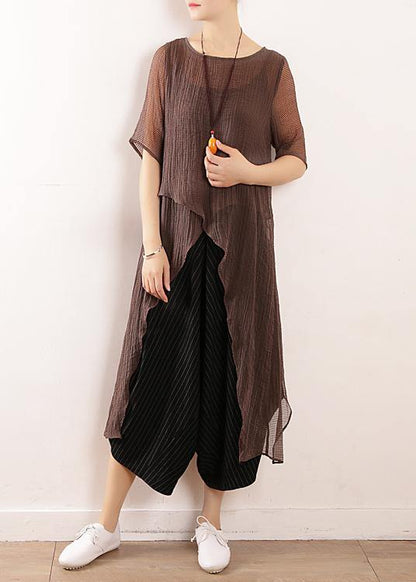 Simple Gray Linen Tops Blouses O Neck Knee Summer Shirt