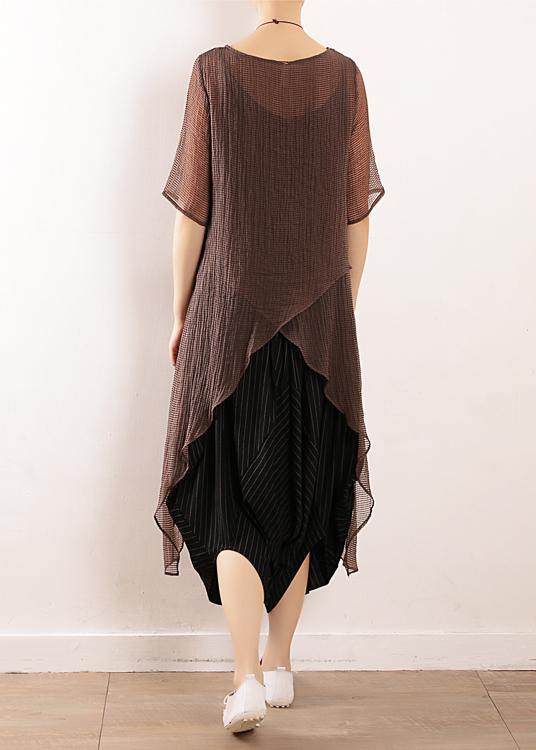 Simple Gray Linen Tops Blouses O Neck Knee Summer Shirt