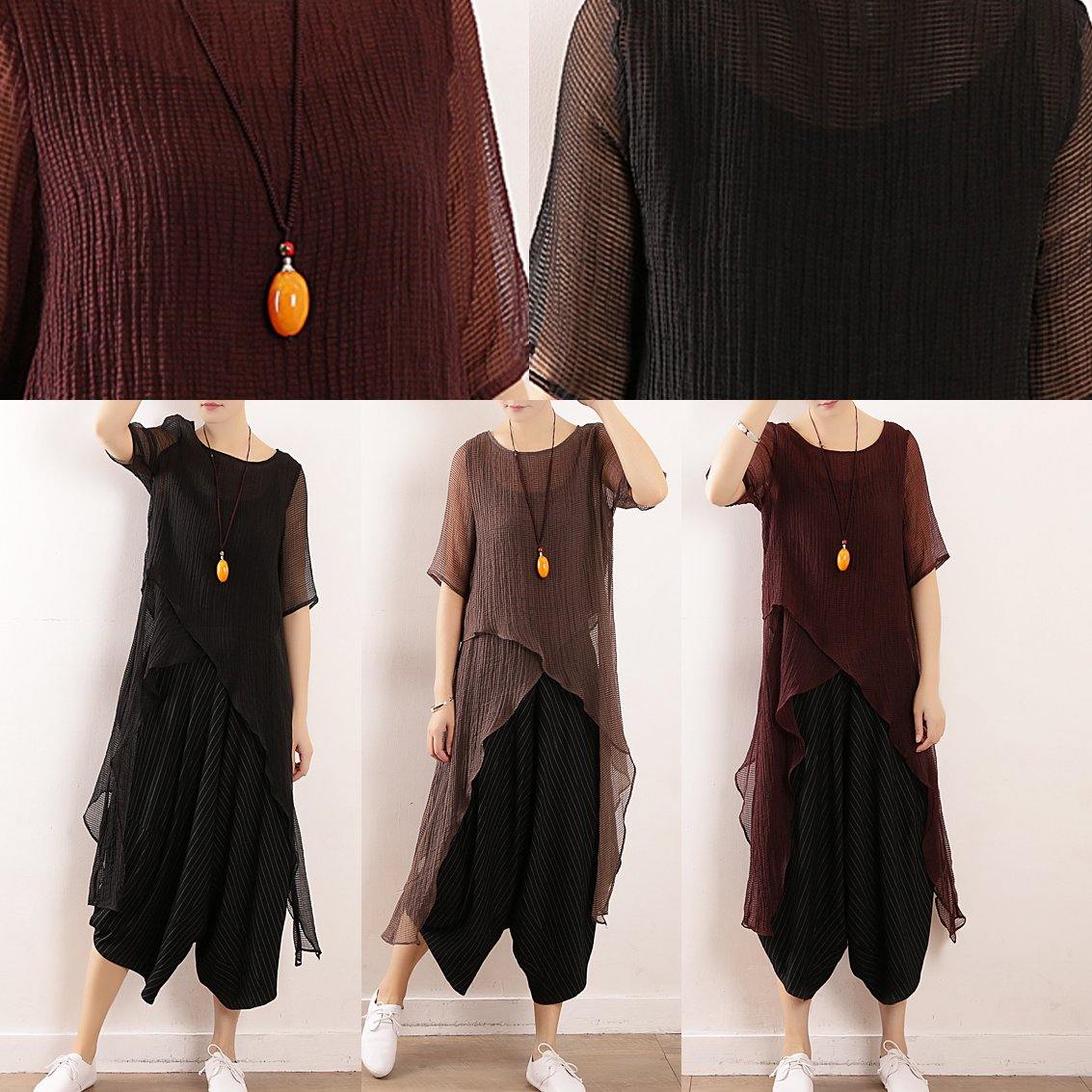 Simple Gray Linen Tops Blouses O Neck Knee Summer Shirt