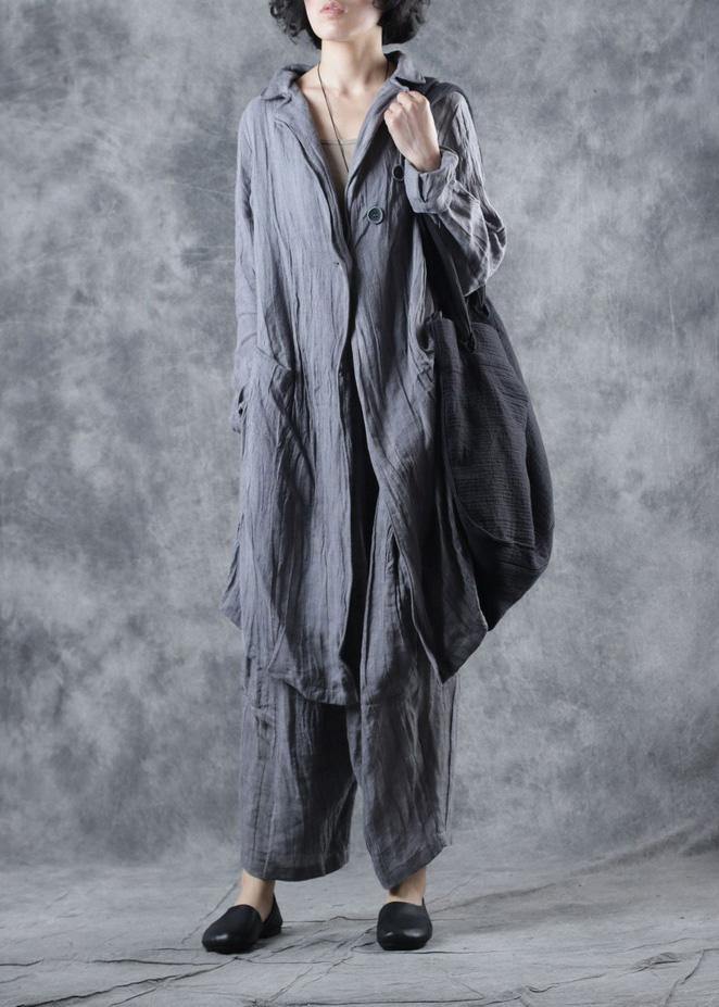Simple Gray Linen Tunic Top Lapel Collar Midi Long Sleeve Coat
