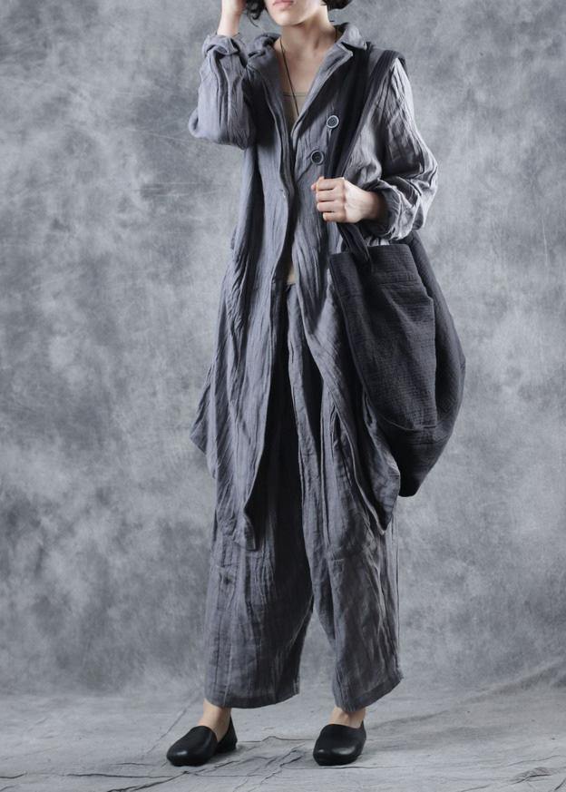Simple Gray Linen Tunic Top Lapel Collar Midi Long Sleeve Coat
