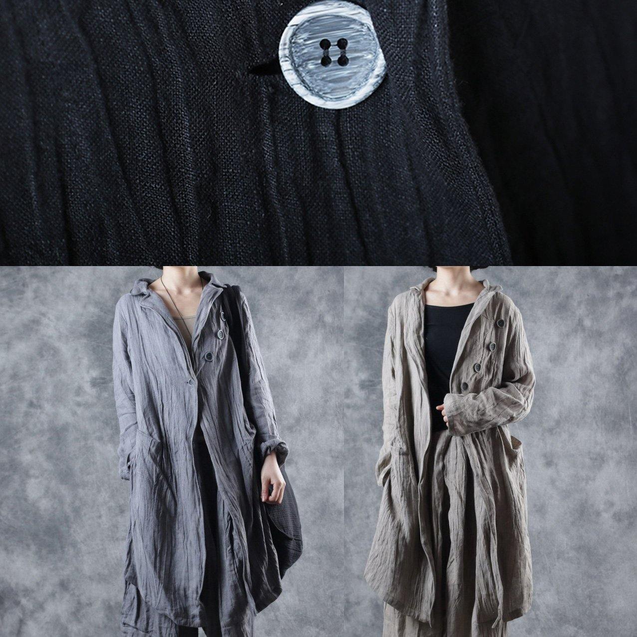 Simple Gray Linen Tunic Top Lapel Collar Midi Long Sleeve Coat