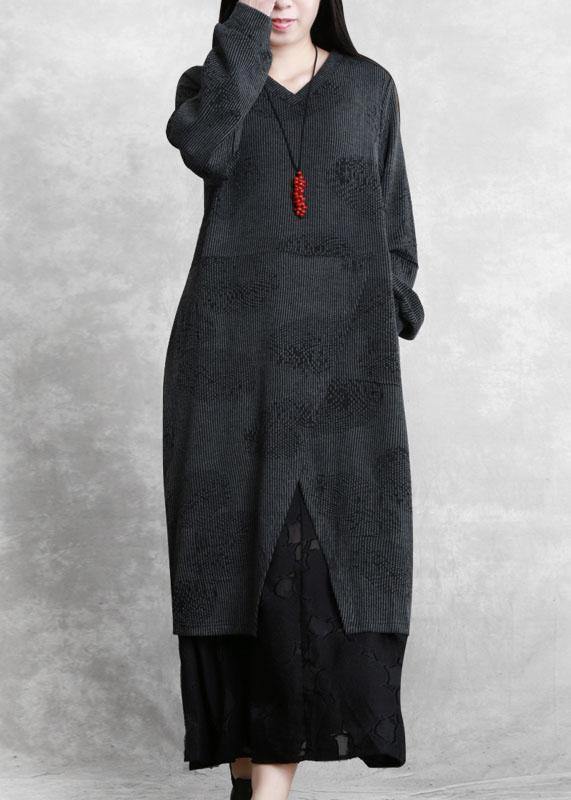Simple Gray Quilting Dresses V Neck Patchwork Robe Fall Dresses