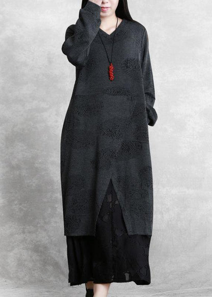 Simple Gray Quilting Dresses V Neck Patchwork Robe Fall Dresses