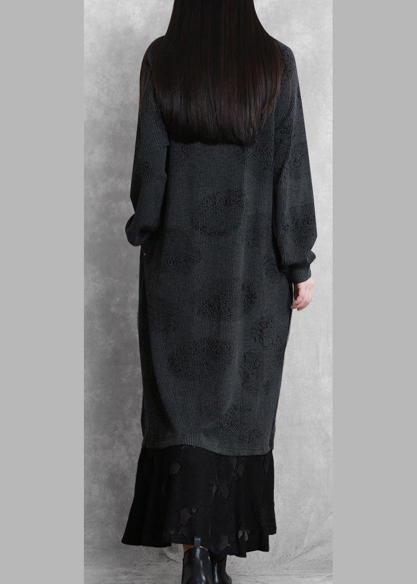 Simple Gray Quilting Dresses V Neck Patchwork Robe Fall Dresses