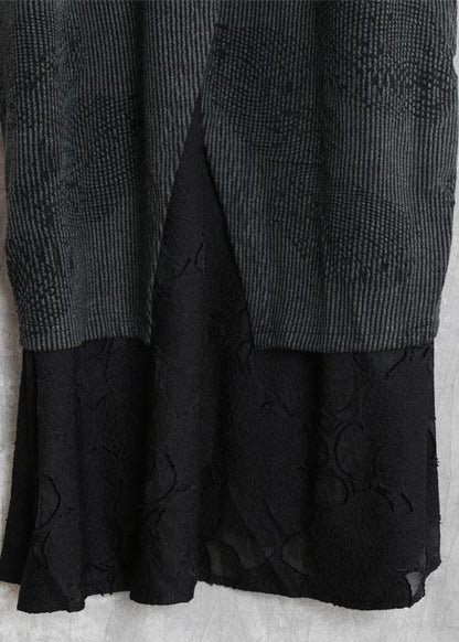 Simple Gray Quilting Dresses V Neck Patchwork Robe Fall Dresses