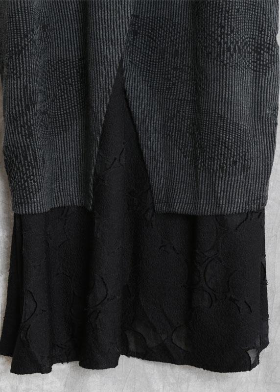 Simple Gray Quilting Dresses V Neck Patchwork Robe Fall Dresses