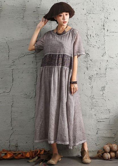 Simple Gray Short Sleeve Cotton Dresses Patchwork Cotton Summer Dresses
