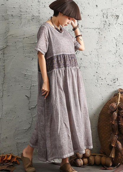Simple Gray Short Sleeve Cotton Dresses Patchwork Cotton Summer Dresses