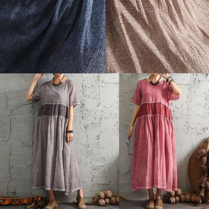 Simple Gray Short Sleeve Cotton Dresses Patchwork Cotton Summer Dresses