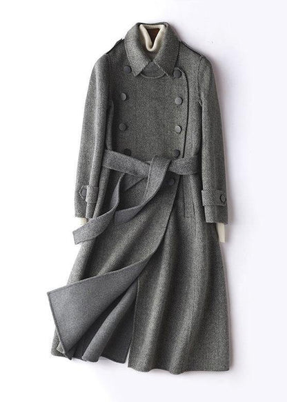 Simple Gray Striped Long Woolen Coatstutorials Lapel Tie Waist Outwears